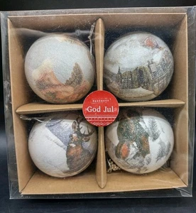 GOD JUL Set of 4 Norwegian Glittery Winter Christmas Ornament Balls w/ Box - Picture 1 of 7