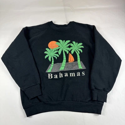 FOTL Sweater Mens L Raglan Sweatshirt Palm Trees Bahamas Boat Black USA Made Y2K - Image 1 of 4