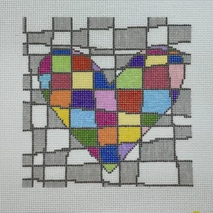 Audra Stitches pintado a mano lienzo de aguja corazón y cuadrados moderno Mondrian - Imagen 1 de 1