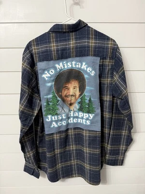 Bob Ross Upcycled Flannel Shirt Size Large Unisex Long Sleeve Button Front - Image 1 of 4
