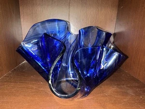 Clear With Cobalt Blue Swirls Art Glass Handkerchief Vase Planter Bowl - Picture 1 of 8