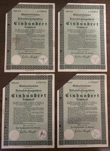 100 Reichsmark 1933-1936 WW2 German Third Reich-Loan Bond-All Original-Sold Sep - Picture 1 of 6