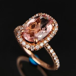 14k Diamond & Morganite Halo Rose Gold Ring Size 7 - Picture 1 of 10