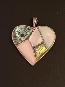 Vintage c1980’s Large Sterling Silver Mother of Pearl and Abalone Heart Pendant - Picture 1 of 4