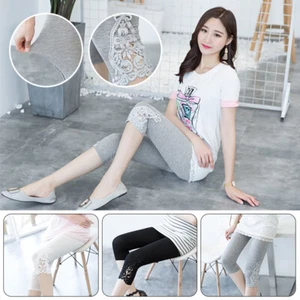 Women's Hollow Lace Stretch Leggings Fitness Sports Skinny Pants Cropped Capris - Picture 1 of 23