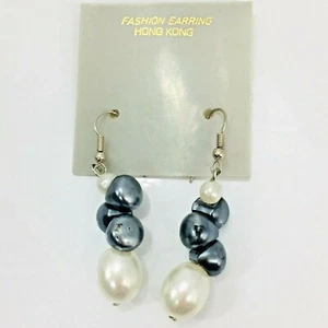Faux Pearl Earrings Dangle Black White Vintage Made in Hong Kong - Picture 1 of 6