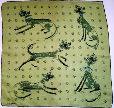 Pañuelo vintage de gato siamés de lino verde lima Jeanne Miller años 50  Foto 1 de 4