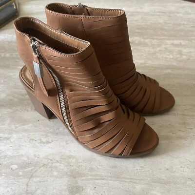 Circus By Sam Edelman Size 8M Kesler Peep Open Toe Block Heel Tan Booties - Image 1 of 4