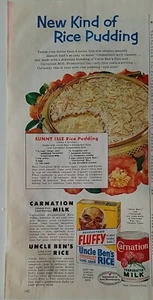 1952 Uncle Ben's fluffy rice Carnation milk new kind of rice pudding vintage ad - Picture 1 of 1