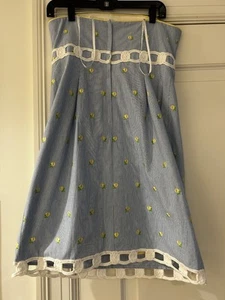 LILLY PULITZER EMBROIDERED LEMON STRAPLESS DRESS Size 10 Striped Blue Large - Picture 1 of 9