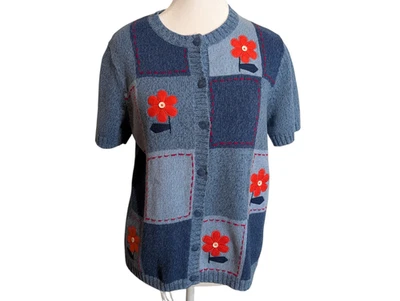 Suéter Breckenridge vintage para mujer pequeño mediano - azul rojo retazos florales Foto 1 de 4