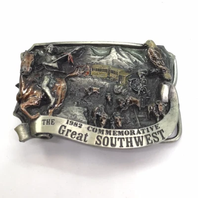 The Great Southwest 1982 Limited Ed. Vintage Belt Buckle Train Horse Westerncore - Image 1 of 4