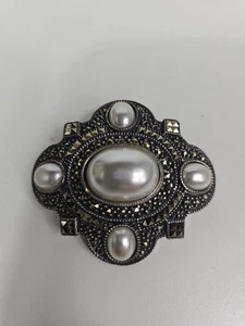 Broche prendedor de filigrana Judith Jack JJ plata esterlina marcasita perla vintage - Imagen 1 de 7