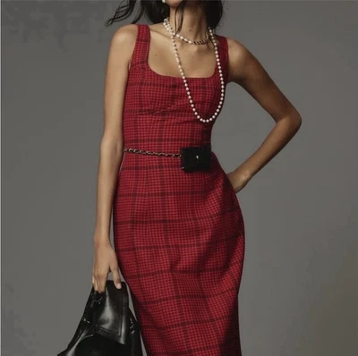 NWT Women’s Pilcro Anthro Red Bombshell Tweed Slim Midi Dress Size 12 MSRP $168 - Image 1 of 4