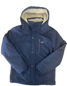 Hollister All Weather Mens Hooded Navy Blue Jacket fleeced inner VGC medium   - Picture 1 of 14