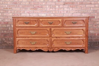 Baker Furniture French Provincial Carved Oak and Burl Wood Dresser, Refinished - Image 1 of 4