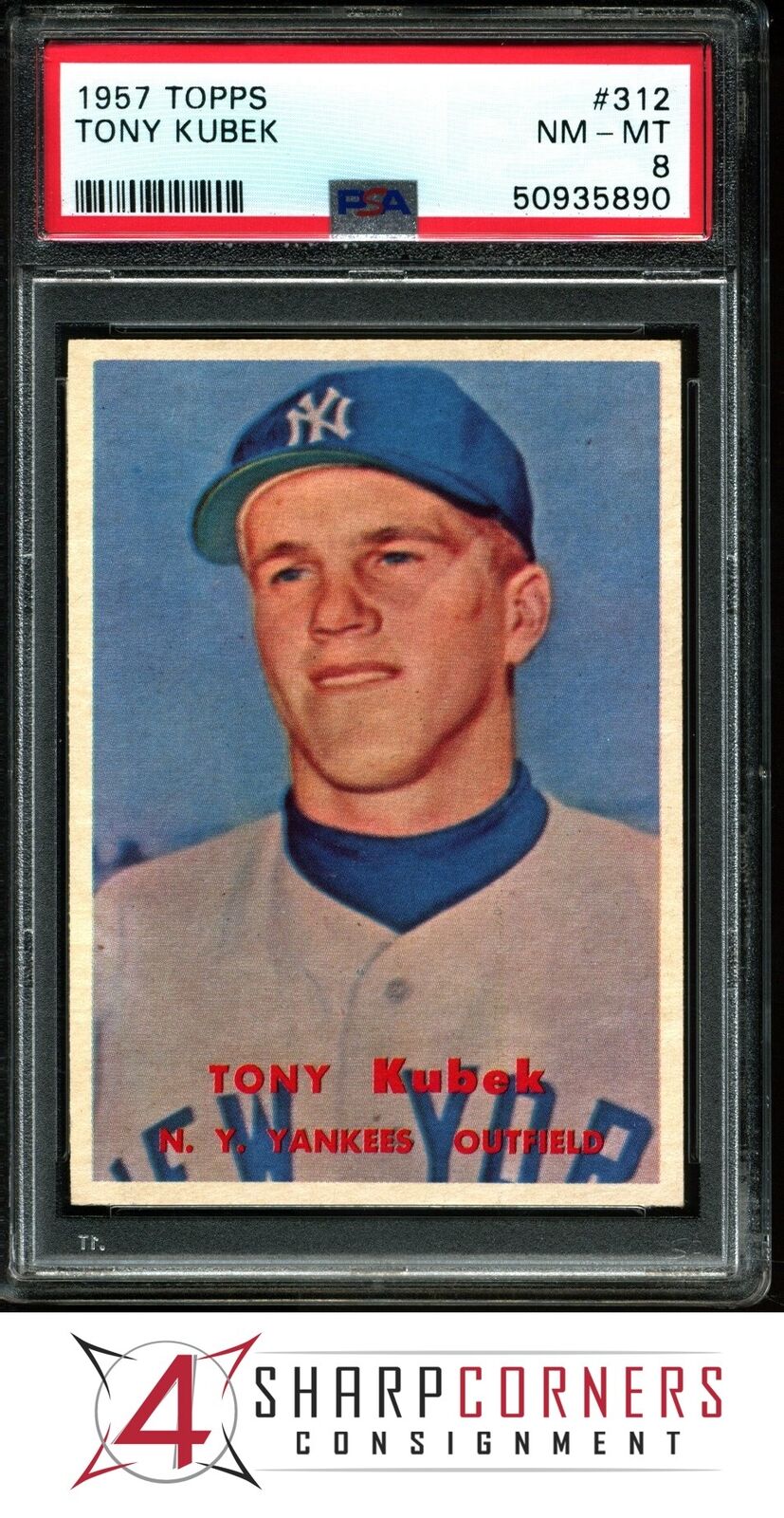 1957 TOPPS #312 TONY KUBEK RC PSA 8