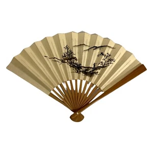 Vintage Asian Folding Fan Bamboo Frame Paper Landscape Christmas Greeting - Picture 1 of 7