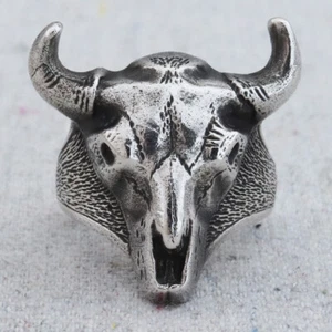 Vintage Southwestern Sterling Silver Buffalo Bull Cow Skull Biker Cowboy Ring S8 - Picture 1 of 7