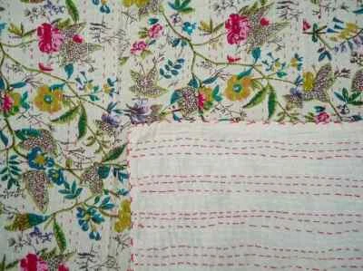 Floral Kantha Quilt Indian Handmade Bedspread Throw Cotton Gudari EthnicBlanket - Image 1 of 2