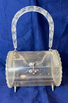 1950's Lucite Barrel Purse Rhinestone Adorned Faceted Clear Lucite Box Handbag - Image 1 of 4