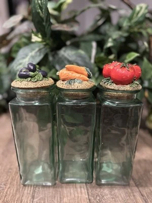 Vintage Glass Jar Set Of 3 with Vegetable Detail Cork Lids - Image 1 of 3