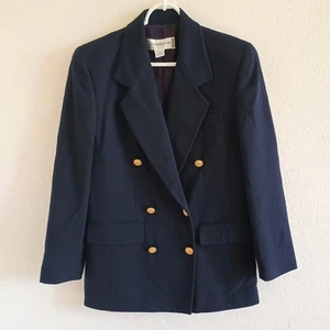 Vintage Liz Claiborne 4P Navy Blue Wool Double Breasted Blazer Gold Buttons - Picture 1 of 11