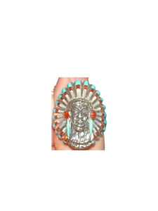 Native American Chiefs Head Ring Turquoise BlkJet Red Coral MOP Sz 11 Sterling - Picture 1 of 5