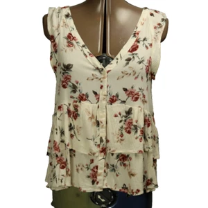 American Eagle Floral Ruffled Tiered Short Sleeve Crinkle Blouse V-Neck Cream M - Picture 1 of 18