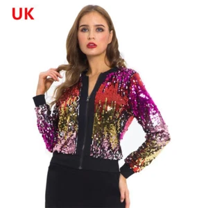 Women Sequin Glitter Bomber Jacket Ladies Biker Festival Clubbing Party Club` - Picture 1 of 7