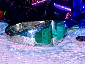 Taxco Modernist Sterling Silver & Malachite Bangle Bracelet Signed TL-57 950 - Picture 1 of 8
