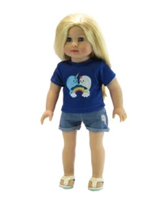 Doll Clothes 18" Shorts Jean Blue Shirt Narwhale Rainbow Fit American Girl Dolls - Picture 1 of 3
