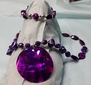 Handmade Jewelry Necklace Stretch Purple Violet  Silver With 1 Bracelet - Picture 1 of 8