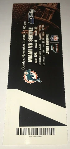 11/09/08 Seattle Seahawks / Miami Dolphins Stadium Full UNUSED Ticket Stub Cover