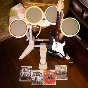 Wii Rock Band Games LOT And Harmonix Bundle Drum Set And Fender Guitar White