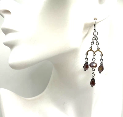 Purple Wine Glass & Stainless Steel Chandelier Dangle Drop Leverback Earrings - Image 1 of 4