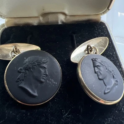Vintage Wedgwood  solid Silver Black Jasperware Roman Emperor Cufflinks  - Image 1 of 4