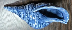 12" LG Conch Shell Glazed Pottery Beautiful Blue Seashells Beach Ocean Art Decor - Picture 1 of 15