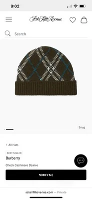 Burberry Check Cashmere Beanie Hat Color Snug - Image 1 of 4