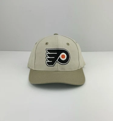 Vintage 90s NHL Philadelphia Flyers Hockey Blockhead Snapback Hat Cap Khaki - Image 1 of 4