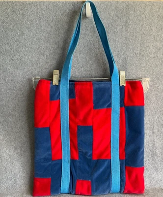 Bolso de mano acolchado de terciopelo suave rojo y azul correas azules estilo retro 13,5 x 14" Foto 1 de 4