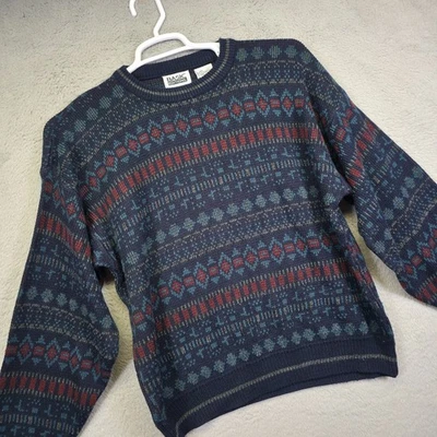 Vintage Basic Editions Sweater Mens L Blue Red Geometric Classic Retro Grandpa - Image 1 of 4