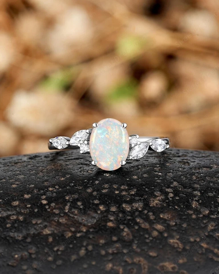 Oval Natural Australian Opal 925 Sterling Silver Vintage Wedding Engagement Ring - Image 1 of 4