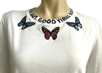 Camiseta Maje Bordada Mariposa Blanca Cuello Redondo Manga Corta Mujer Talla 3/S Foto 1 de 4