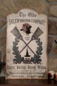 NWT 20" RAZ Primitive The Olde Salem Broom Company Wood HALLOWEEN WALL SIGN - Picture 1 of 12