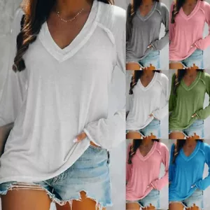 Mujeres Otoño Cuello en V Manga Larga Camiseta Informal Sólida Blusa Suelta Túnica Prendas para el torso Básicas - Imagen 1 de 13