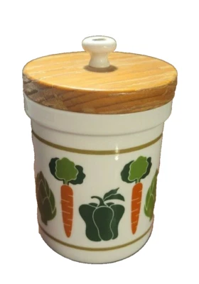 Vintage MCM Gallery Original Ceramic and Wood Lid Vegetable Print Canister 4.5" - Image 1 of 4