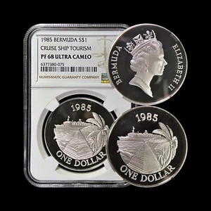 BERMUDA. 1985, 1 Dollar, Silver - NGC PF68 - QEII, Cruise Ship Tourism, Buttery - Picture 1 of 5