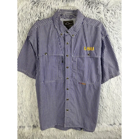 LSU Tigers Drake Waterflow Shirt Mens Medium Blue Checkered Vented Fishing Top Cover