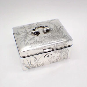 Japanese Jewelry Box Engraved Floral Sterling Silver Wooden Interior - Picture 1 of 8